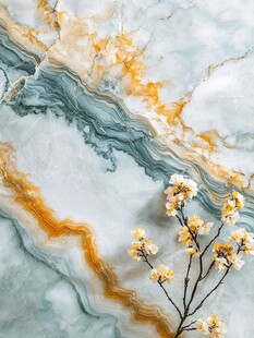 大理石纹理旁的素雅花枝