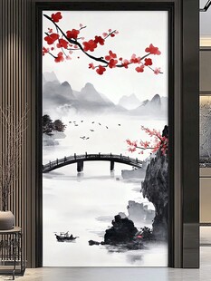 中式水墨山水梅花玄关图
