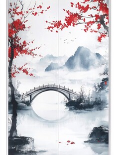 中式水墨山水红叶桥景图