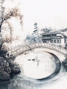 水墨江南桥畔水乡景致