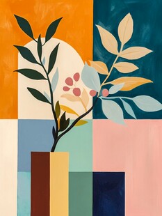 多彩几何背景中的植物花瓶