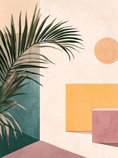 热带植物与几何色块装饰画