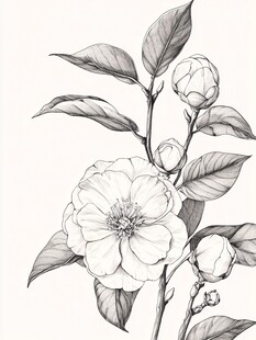 黑白山茶花卉素描图