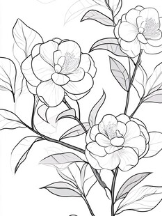 山茶花线稿插画花卉图案