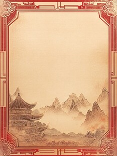 中式古风边框山水楼阁图