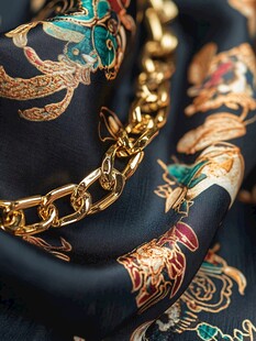 华丽丝巾配金色链条饰品