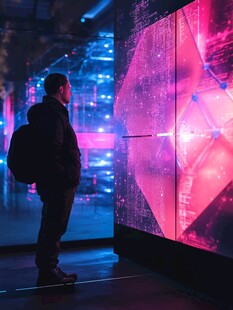 男子驻足观赏科技艺术屏