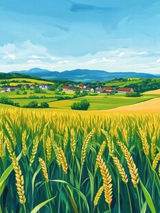 金色麦田旁的乡村美景