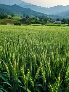 田野麦浪中的乡村风光