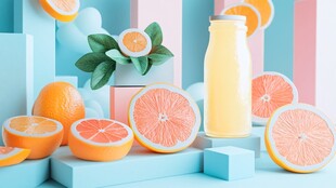 清新柑橘饮品与鲜果展示