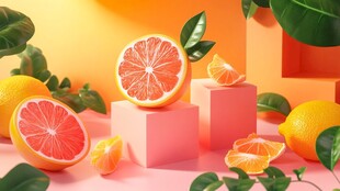 多彩柑橘摆放在粉色几何台上