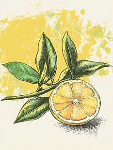手绘柠檬枝与半颗柠檬