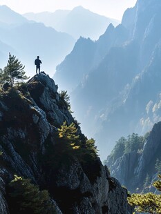 一人立山巅赏壮丽山景