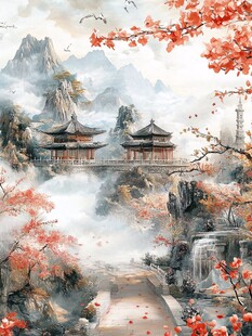 秋日山水古韵楼阁图