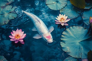 锦鲤戏荷于碧波之中