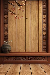 中式古风木质墙面与花瓶