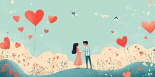 浪漫情侣漫步爱心花海