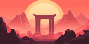 夕阳下的中式牌坊与山峦