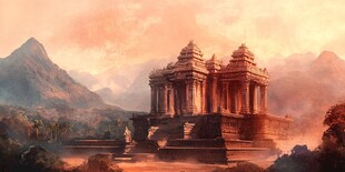 神秘古庙宇映于壮丽山色间