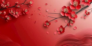 红梅绽放喜庆红色背景图