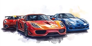 三辆炫酷跑车水彩风展示
