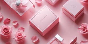 粉色浪漫美妆礼盒与玫瑰