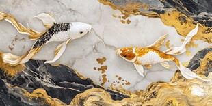 双锦鲤跃于水墨金纹间