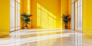 明亮黄墙室内与绿植景观