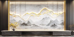 中式山水金纹背景墙装饰