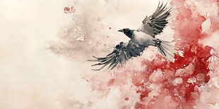 飞鸟入繁花意境水墨图