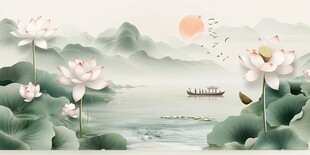 水墨荷塘泛舟图