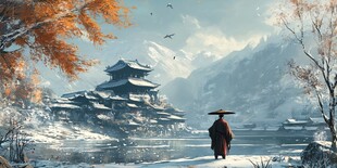 雪中古景前的独行者