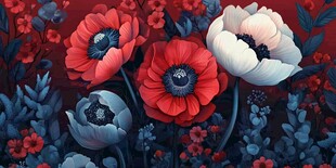梦幻花卉图 红蓝白花朵绽放