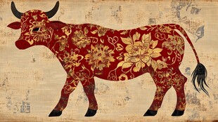 中式花纹红底牛装饰画