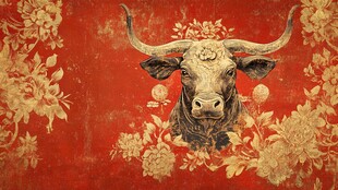 红色金花纹饰牛头图案