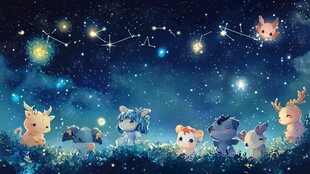 梦幻星空下的可爱动物聚会