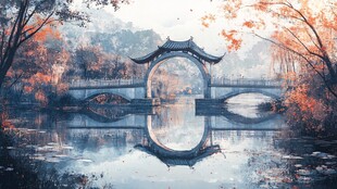 秋景中的中式古桥与倒影