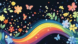 梦幻彩虹花卉蝴蝶夜景图
