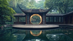 中式园林水畔雅致楼阁