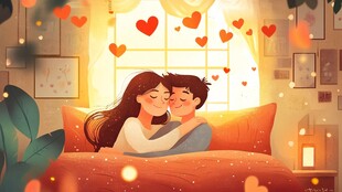 温馨情侣卧室甜蜜依偎时刻