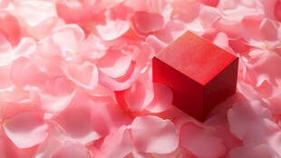 红盒静置于浪漫粉花瓣间