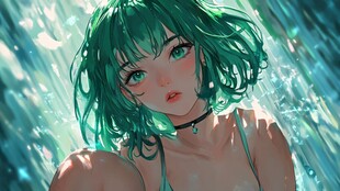 绿发少女于梦幻水光中