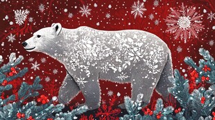 北极熊漫步于圣诞风情雪景