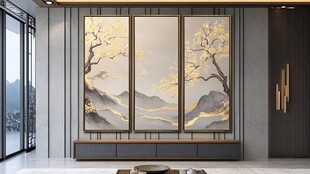 中式客厅山水金树艺术背景墙