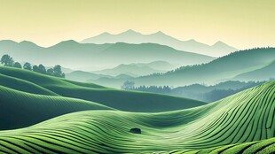 翠绿茶田中的远山景致