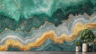 翡翠纹理背景墙与绿植