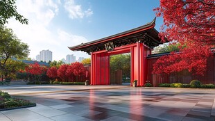 中式红门映秋景