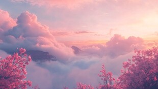 梦幻粉紫云海与烂漫花枝