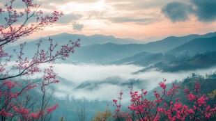 山间晨雾中绽放的烂漫花枝