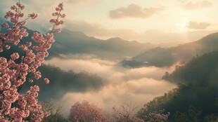 春日山间晨雾与烂漫繁花